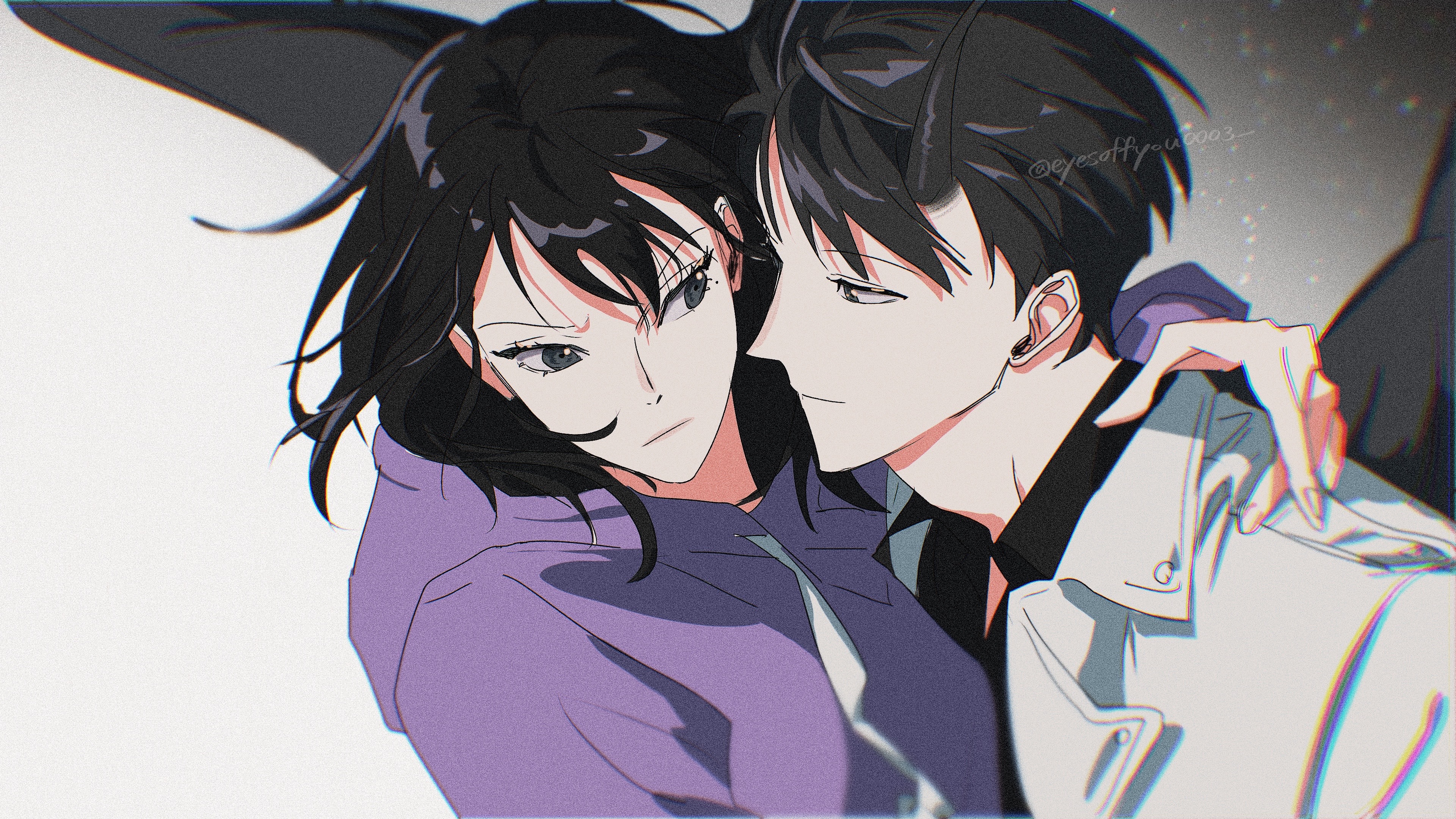 han sooyoung, kim dokja, omniscient reader's viewpoint, absurdres, highres, 1boy, 1girl, :/, arm around neck, black eyes, black hair, black shirt, black wings, coat, collared shirt, demon horns, eyesoffyou0003, feathered wings, hood, hood down, hoodie, horns, hug from side, looking at another, narrowed eyes, official alternate costume, popped collar, purple hoodie, shirt, short hair, smile, upper body, white coat, wings