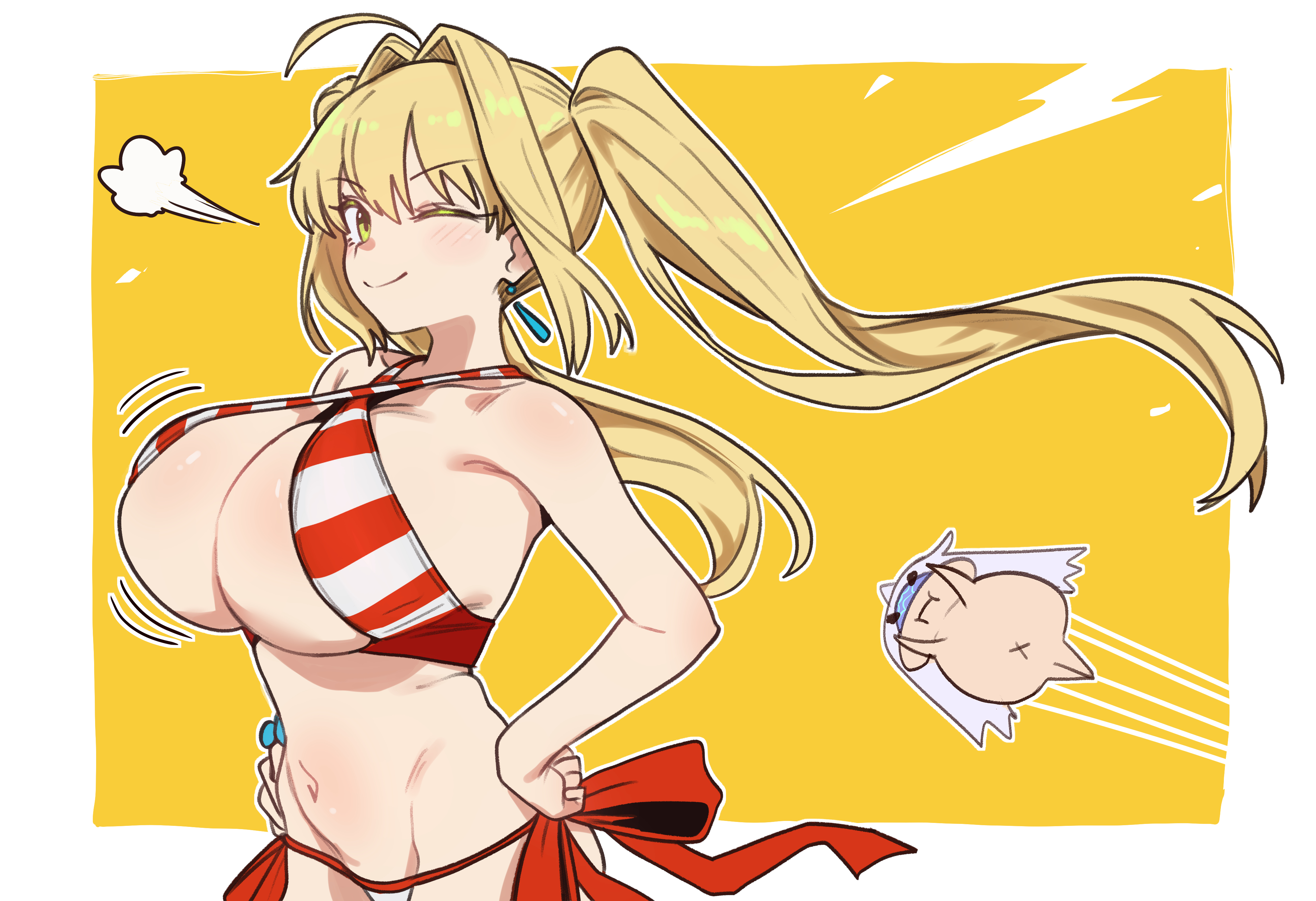 ebora, melusine (fate), nero claudius (fate), nero claudius (swimsuit caster) (fate), fate/grand order, fate (series), absurdres, bad link, highres, 2girls, ;), ahoge, bare shoulders, bikini, blonde hair, breasts, criss-cross halter, earrings, floating earrings, green eyes, hair intakes, halterneck, hands on own hips, huge breasts, jewelry, long hair, multiple girls, navel, one eye closed, red bikini, side-tie bikini bottom, simple background, sling bikini top, smile, striped bikini, striped clothes, swimsuit, twintails, yellow background
