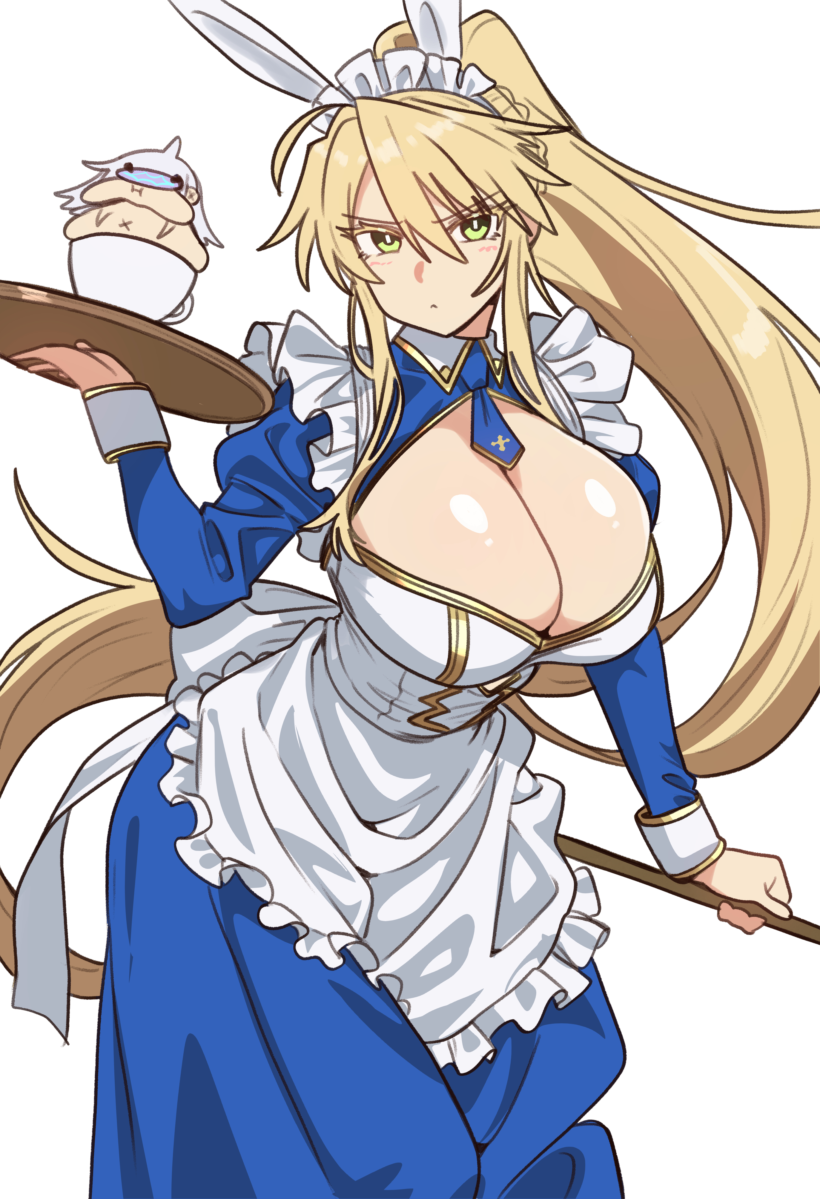 ebora, artoria pendragon (fate), artoria pendragon (swimsuit ruler) (fate), melusine (fate), melusine (first ascension) (fate), fate/grand order, fate (series), absurdres, bad link, highres, 2girls, :<, ahoge, alternate costume, animal ears, apron, blonde hair, blue dress, blush, breasts, chibi, cleavage, cleavage cutout, clothing cutout, cup, dress, enmaided, gold trim, green eyes, juliet sleeves, large breasts, long hair, long sleeves, looking at viewer, maid, maid headdress, multiple girls, necktie, ponytail, puffy sleeves, rabbit ears, sidelocks, solo, teacup, tray, very long hair, white apron