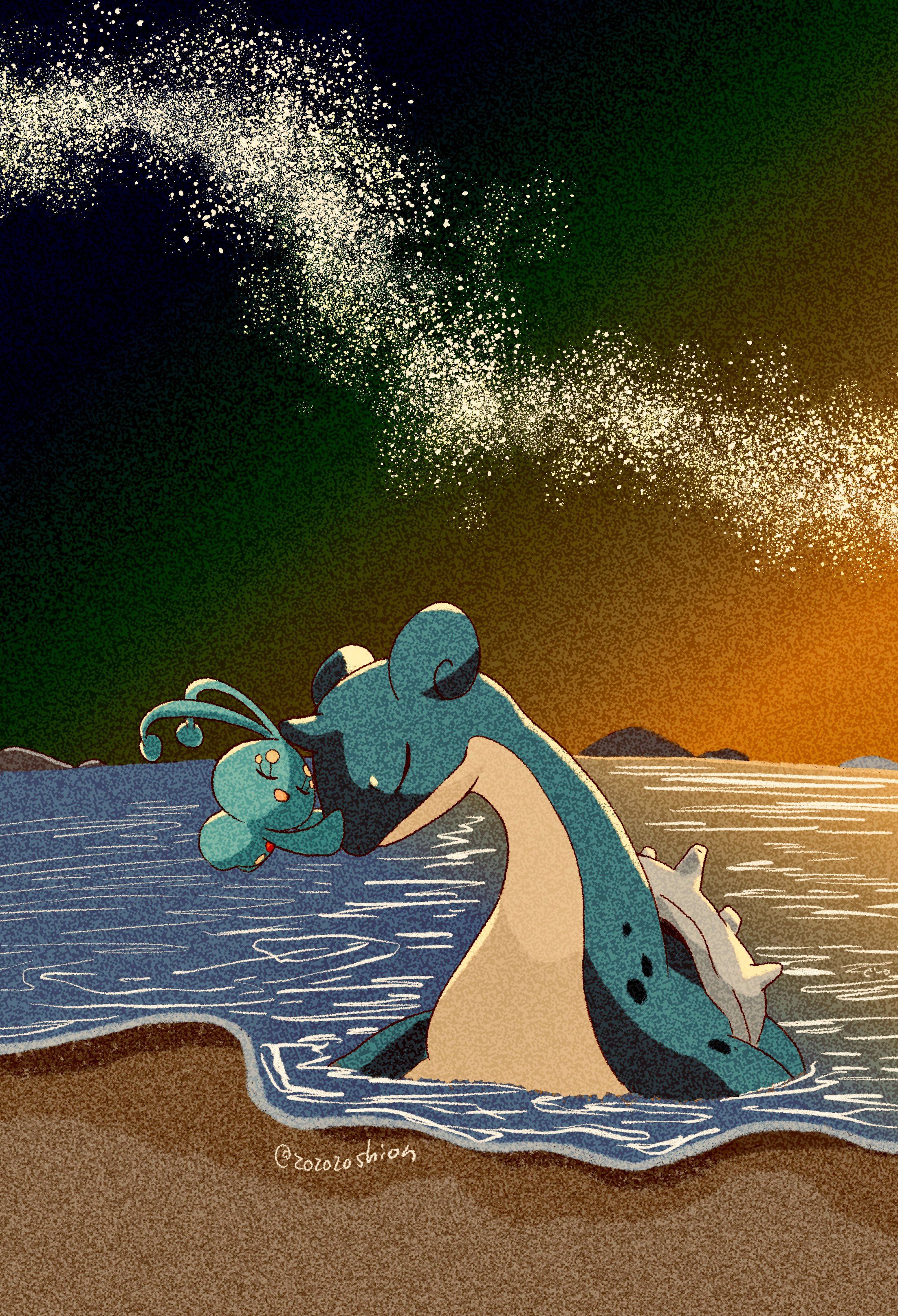 zozozoshion, lapras, manaphy, nintendo, pokemon, absurdres, highres, antennae, beach, closed eyes, closed mouth, gen 1 pokemon, gen 4 pokemon, legendary pokemon, mythical pokemon, no humans, ocean, open mouth, outdoors, pokemon (creature), pokemon focus, sky, smile, sunset