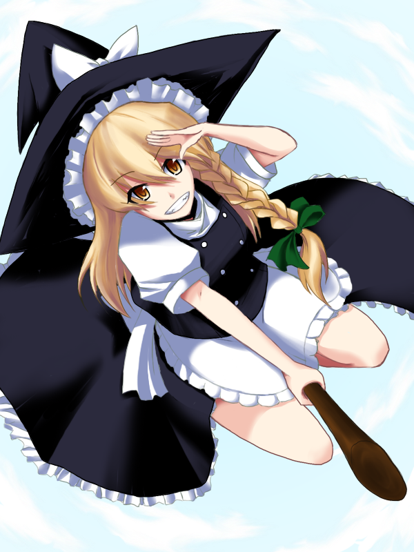 oyaji-sou, kirisame marisa, touhou, bad id, bad pixiv id, 1girl, blonde hair, braid, broom, broom riding, female focus, from above, grin, hat, salute, side braid, simple background, smile, solo, witch, witch hat, yellow eyes