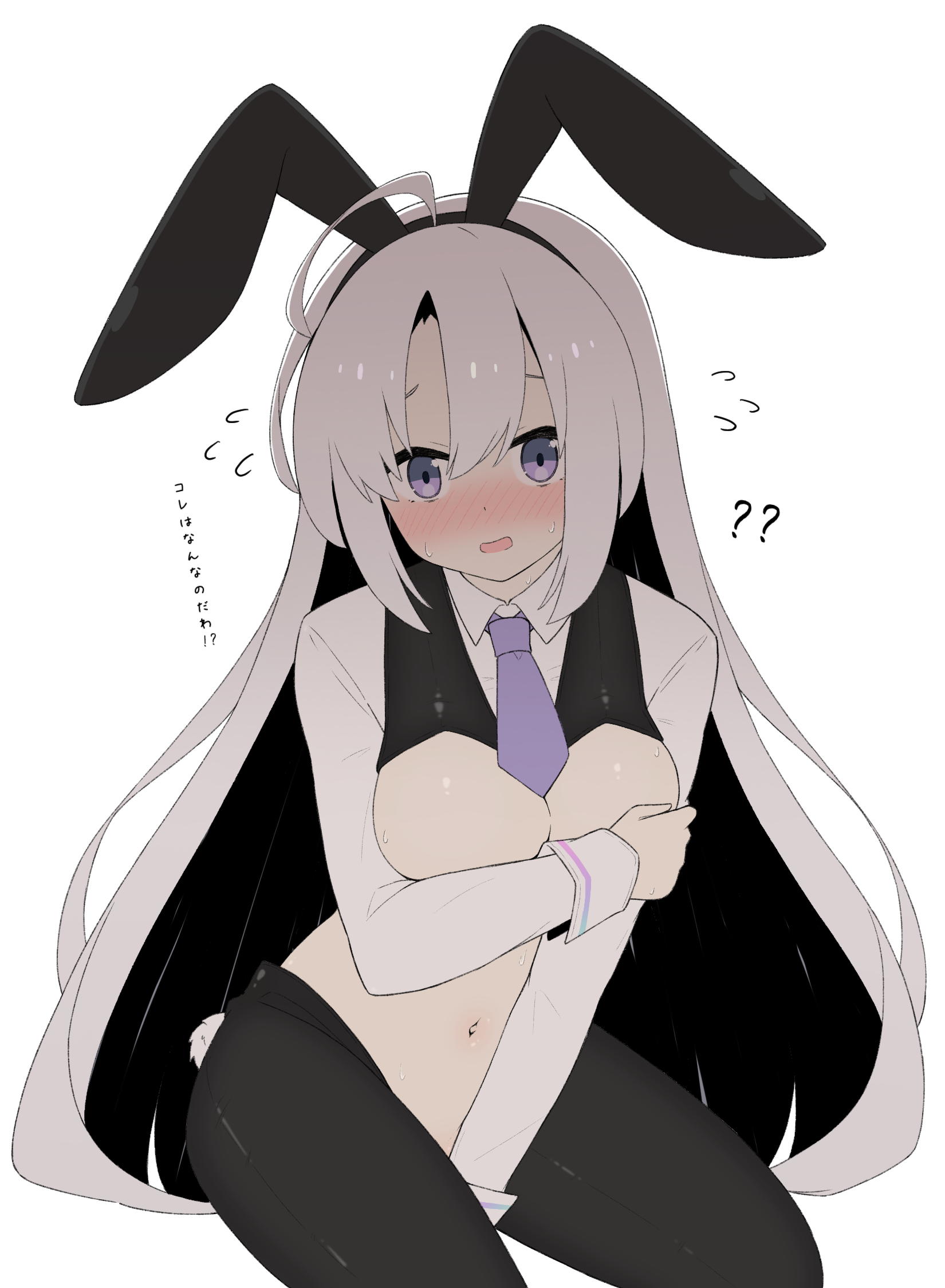 kanon (duel masters), duel masters, duel masters play's, highres, animal ears, blush, breasts, covering breasts, covering privates, grey eyes, grey hair, long hair, looking at viewer, medium breasts, navel, necktie, nervous, open clothes, open mouth, pantyhose, rabbit ears, reverse bunnysuit, reverse outfit, transparent background, wmer4734