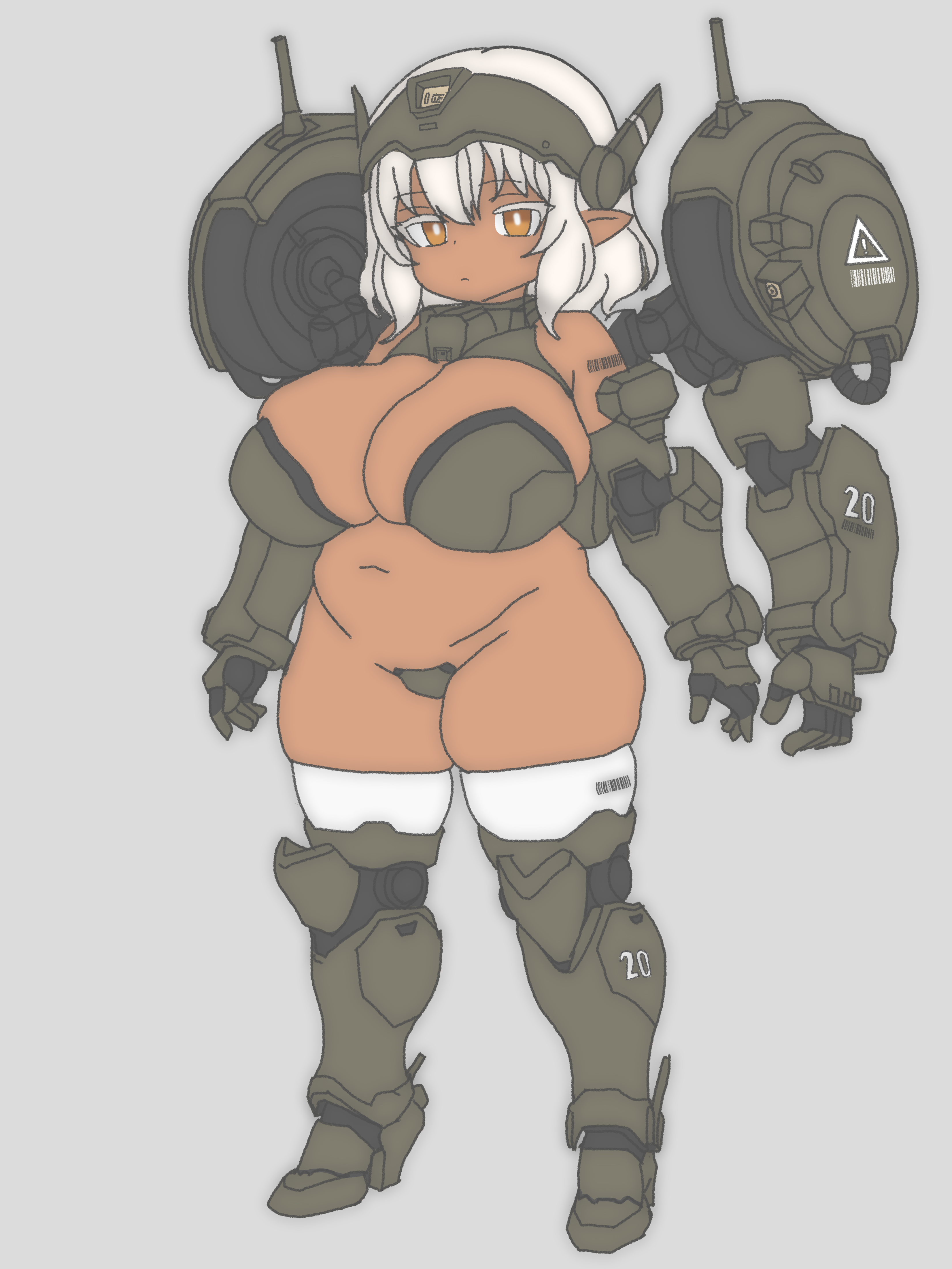 poca252, original, absurdres, highres, 1girl, breasts, cleavage, closed mouth, dark skin, dot nose, full body, grey background, hair between eyes, huge breasts, looking at viewer, medium hair, navel, orange eyes, plump, pointy ears, simple background, solo, standing, thick thighs, thighhighs, thighs, white hair