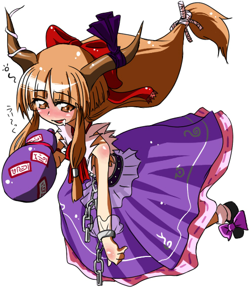 tai takeshi, ibuki suika, touhou, bad id, bad pixiv id, 1girl, bow, chain, drunk, female focus, full body, gourd, horns, long hair, low-tied long hair, orange eyes, orange hair, saliva, simple background, solo, white background