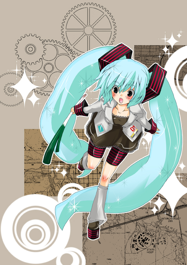 sara (artist), sara (uunyan), hatsune miku, vocaloid, bad id, bad pixiv id, bike shorts, blush, kneehighs, long hair, socks, solo, spring onion, twintails, very long hair