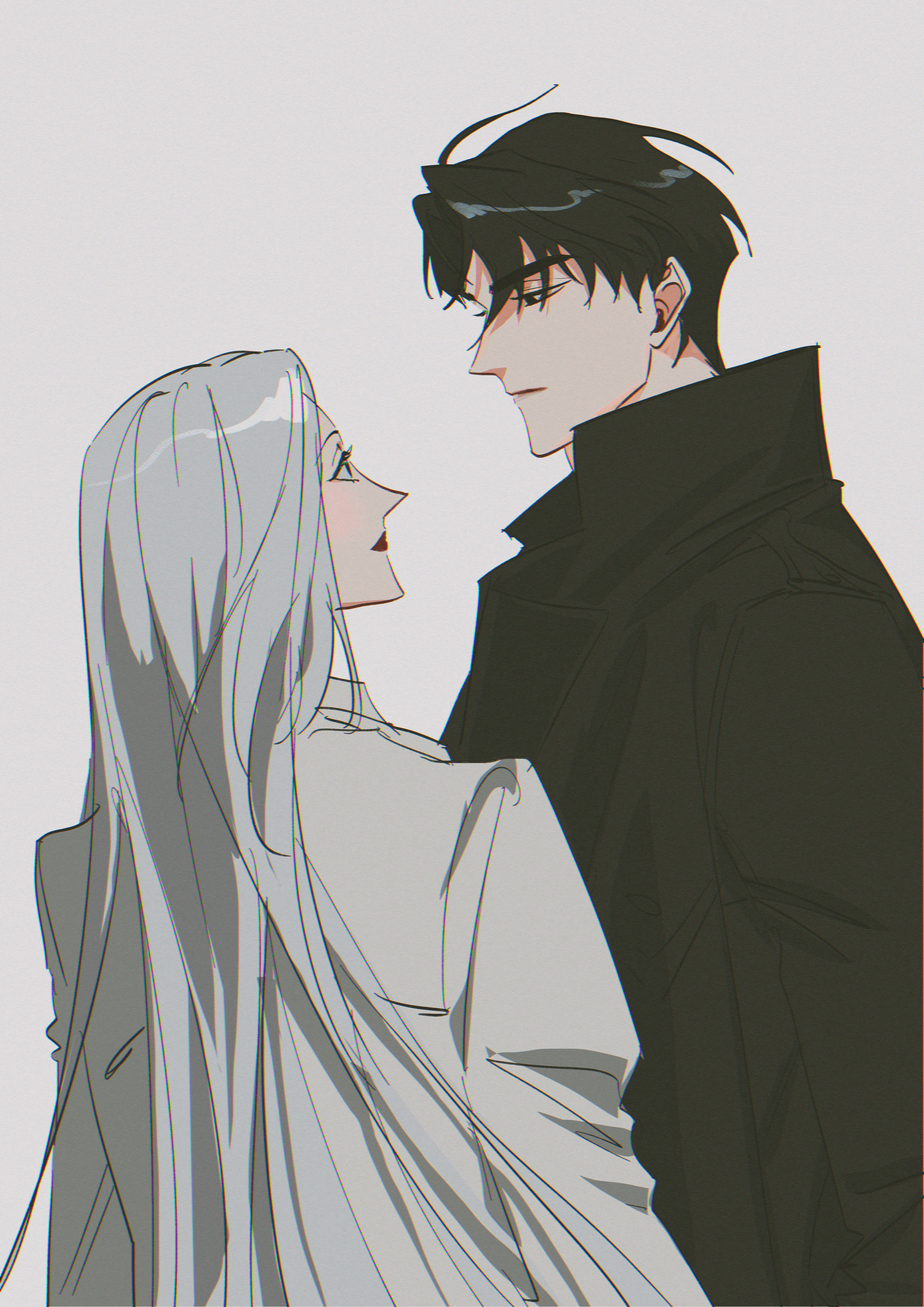 lee seolhwa, yoo joonghyuk, omniscient reader's viewpoint, absurdres, highres, 1boy, 1girl, black coat, black eyes, black hair, coat, cowboy shot, eyesoffyou0003, film grain, hetero, jacket, long hair, looking at another, male focus, open clothes, open coat, popped collar, short hair, very long hair, white hair, white jacket