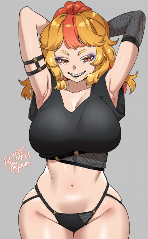 agawa ryou, original, commentary, english commentary, 1girl, armpits, artist name, black pants, black shirt, blonde hair, breasts, cowboy shot, cropped shirt, dated, fishnets, grey background, large breasts, looking at viewer, medium hair, multicolored hair, navel, orange eyes, orange hair, panties, pants, red hair, sharp teeth, shirt, short eyebrows, signature, simple background, smile, solo, standing, stomach, straight-on, teeth, thick thighs, thighs, underwear