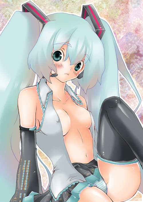 sara (artist), sara (uunyan), hatsune miku, vocaloid, 1girl, aqua hair, blush, breasts, covered erect nipples, female focus, open clothes, open shirt, panties, shirt, solo, striped clothes, striped panties, thighhighs, twintails, underwear