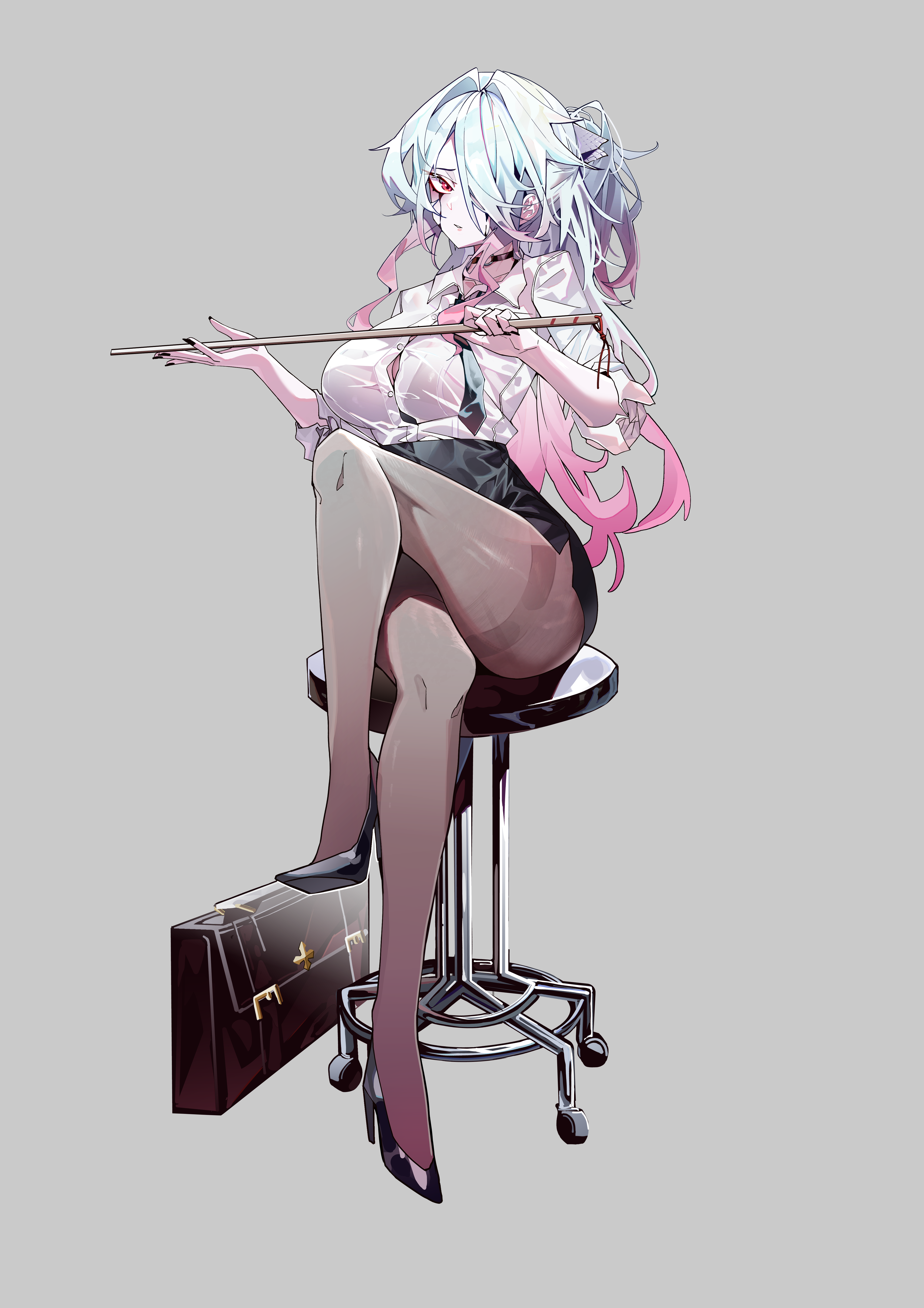 its2h35, chiara (black survival), black survival, eternal return: black survival, absurdres, highres, 1girl, bar stool, black nails, black pantyhose, black skirt, breasts, briefcase, button gap, chair, choker, crossed legs, gradient hair, grey background, hair over one eye, high heels, holding, large breasts, multicolored hair, nail polish, pantyhose, pencil skirt, pink eyes, pink hair, ponytail, see-through clothes, shirt, simple background, sitting, skirt, solo, stool, white hair, white shirt
