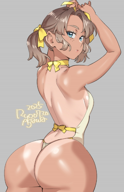 agawa ryou, original, 1girl, artist name, ass, ass focus, back, bare shoulders, blue eyes, breasts, brown hair, cowboy shot, dated, forehead, freckles, grey background, long hair, looking at viewer, looking back, panties, ponytail, sideboob, signature, simple background, small breasts, solo, tan, tanline, tying hair, underwear