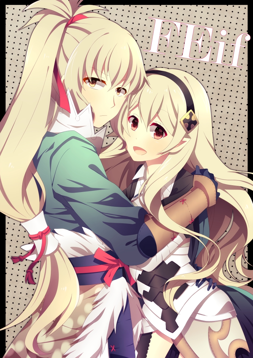 crml orng, female corrin (fire emblem), takumi (fire emblem), fire emblem, fire emblem fates, nintendo, 1boy, 1girl, :d, black hairband, copyright name, couple, grey hair, hairband, hetero, high ponytail, hug, open mouth, pointy ears, ponytail, red eyes, smile, thighs, yellow eyes