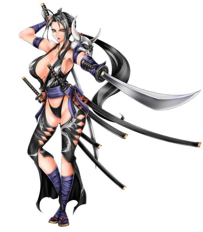 1041 (toshikazu), shura (soulcalibur), soul calibur, soulcalibur, soulcalibur iv, 1girl, armor, black hair, breasts, chaps, female focus, large breasts, long hair, revealing clothes, solo, sword, tabi, weapon