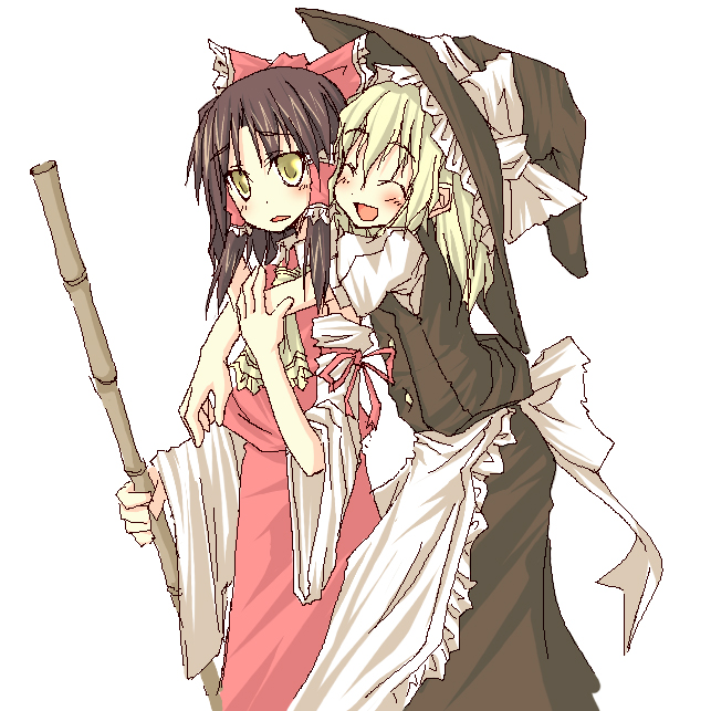 natsuk, hakurei reimu, kirisame marisa, touhou, bad id, bad pixiv id, 2girls, female focus, hat, hug, multiple girls, witch, witch hat