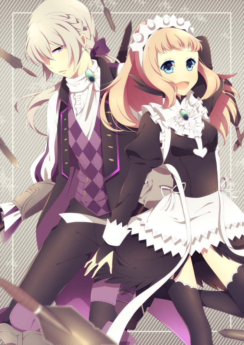 crml orng, felicia (fire emblem), jakob (fire emblem), fire emblem, fire emblem fates, nintendo, 1boy, 1girl, apron, black thighhighs, blue eyes, breasts, feather trim, maid, maid apron, maid headdress, nohrian butler uniform, nohrian maid uniform, open mouth, pink hair, ponytail, small breasts, thighhighs, thighs