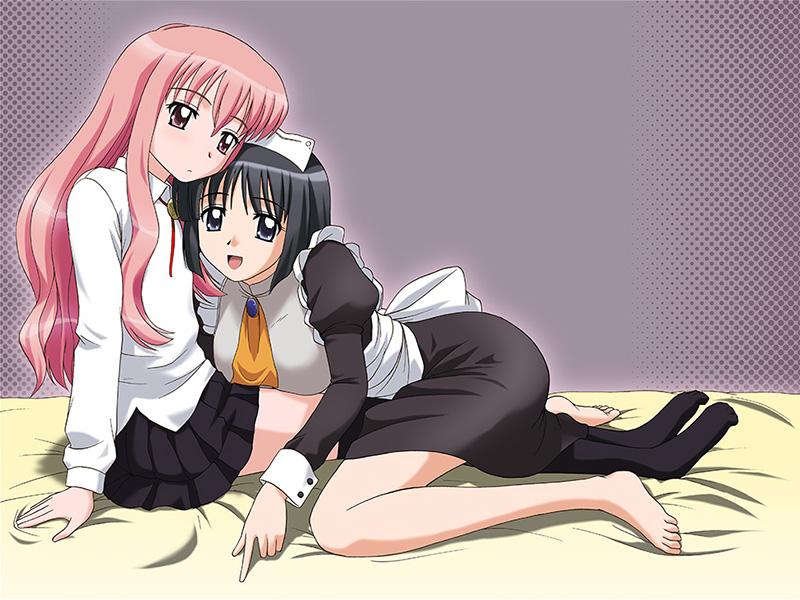 satou chagashi, louise francoise le blanc de la valliere, siesta (zero no tsukaima), zero no tsukaima, 00s, 2girls, barefoot, bed, black hair, blush, feet, hug, long hair, multiple girls, pink hair, short hair, sitting, thighhighs