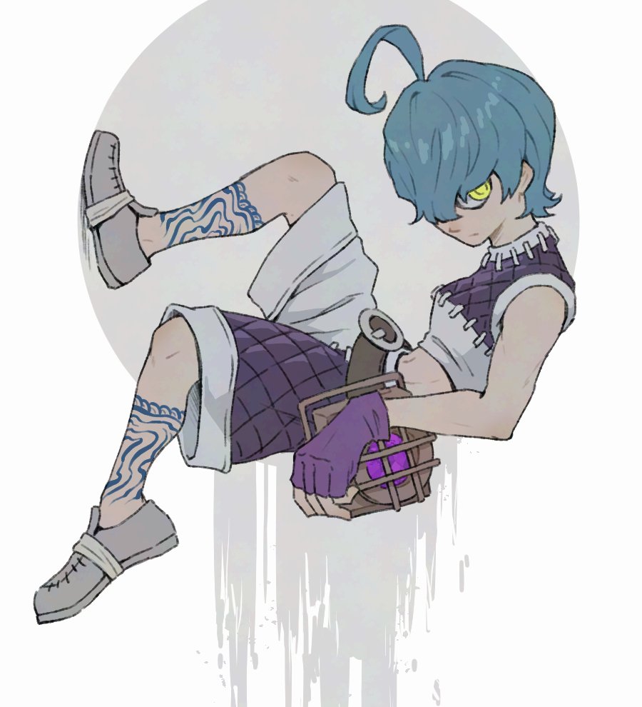 teo (teorekka), cthoni andor, gachiakuta, 1girl, ahoge, ankle tattoo, belt, blue hair, brown belt, closed mouth, cropped shirt, fingerless gloves, gloves, grey shoes, leg up, purple gloves, purple shorts, shirt, shoes, short hair, shorts, sleeveless, sleeveless shirt, solo, tattoo, white shirt, yellow eyes