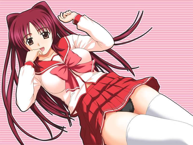 satou chagashi, kousaka tamaki, to heart (series), to heart 2, 00s, brown eyes, cameltoe, long hair, panties, pantyshot, red hair, school uniform, serafuku, solo, thighhighs, underwear