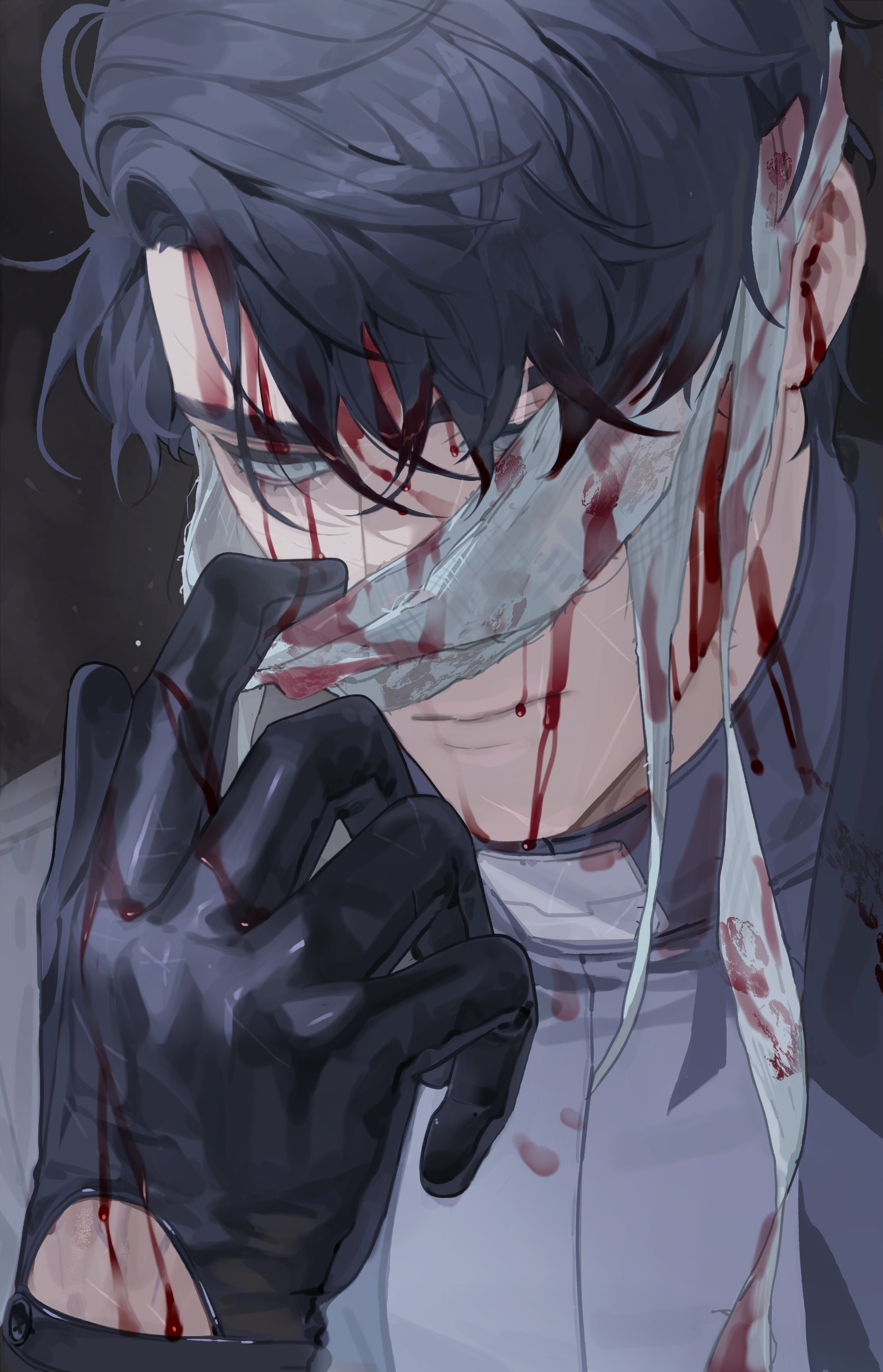 bab du 666, secretive plotter, omniscient reader's viewpoint, absurdres, highres, 1boy, adjusting eyewear, bandaged head, bandages, black coat, black gloves, black hair, blank stare, bleeding, blood, blood drip, blood from forehead, blood in hair, blood on clothes, blood on face, blood on hands, coat, crew neck, gloves, grey eyes, looking at viewer, male focus, one eye covered, open clothes, popped collar, serious, short hair, solo, upper body
