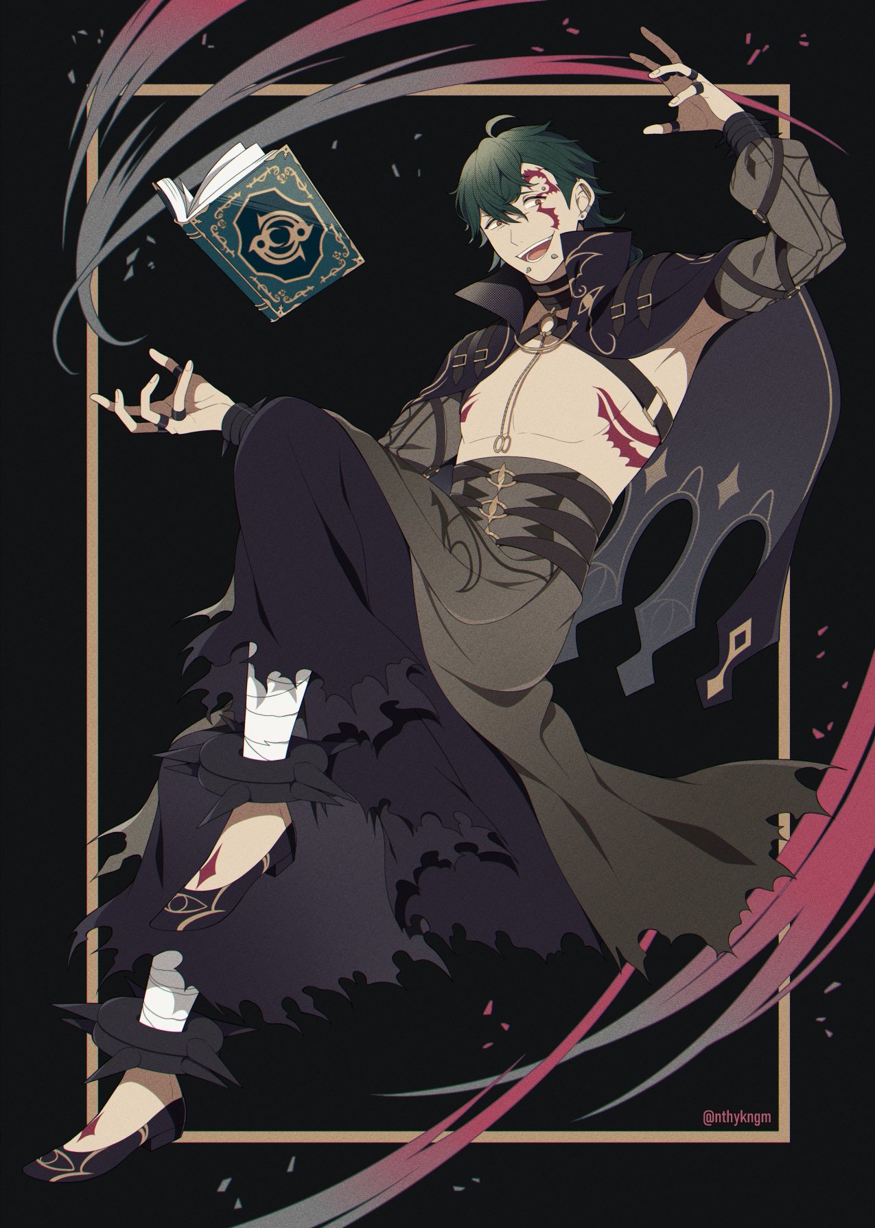 crml orng, griss (fire emblem), fire emblem, fire emblem engage, nintendo, highres, 1boy, bare pectorals, eyebrow piercing, face piercing, facial tattoo, green hair, lip piercing, male focus, open mouth, pectorals, piercing, red eyes, smile, solo, tattoo, toned, toned male