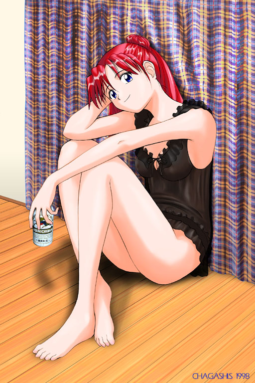 satou chagashi, 1girl, alcohol, barefoot, beer, can, feet, female focus, legs, lingerie, long hair, negligee, red hair, see-through clothes, sitting, smile, solo, thighs, underwear