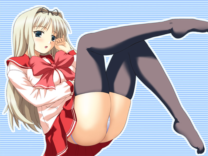 satou chagashi, kusugawa sasara, to heart (series), to heart 2, 00s, ass, blonde hair, blush, green eyes, long hair, panties, school uniform, serafuku, solo, thighhighs, underwear