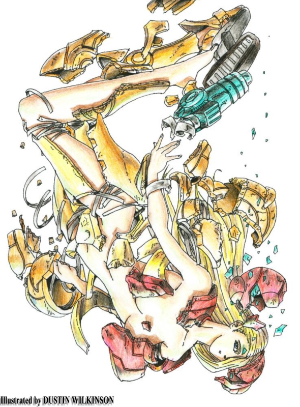 samus aran, metroid, nintendo, 1girl, arm cannon, armor, barefoot, blonde hair, blue eyes, breasts, censored, convenient censoring, female focus, hair over one eye, legs, power suit, power suit (metroid), sideboob, solo, varia suit, wardrobe malfunction, weapon