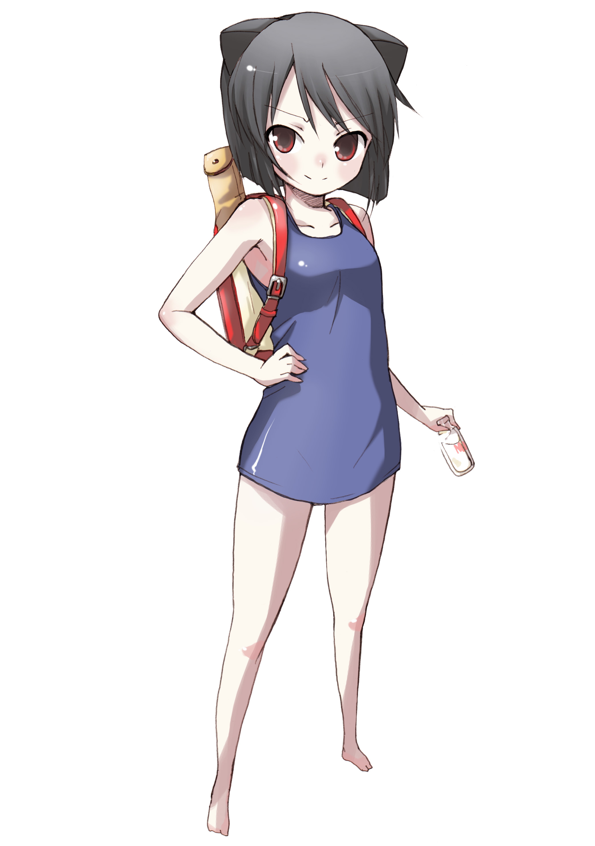 hama chon, daidouji kira, aq interactive, arcana heart, atlus, examu, absurdres, highres, 1girl, animal ears, artistic error, backpack, bad anatomy, bad feet, bag, barefoot, black hair, cat ears, feet, female focus, flat chest, one-piece swimsuit, poorly drawn, randoseru, red eyes, school swimsuit, short hair, solo, swimsuit