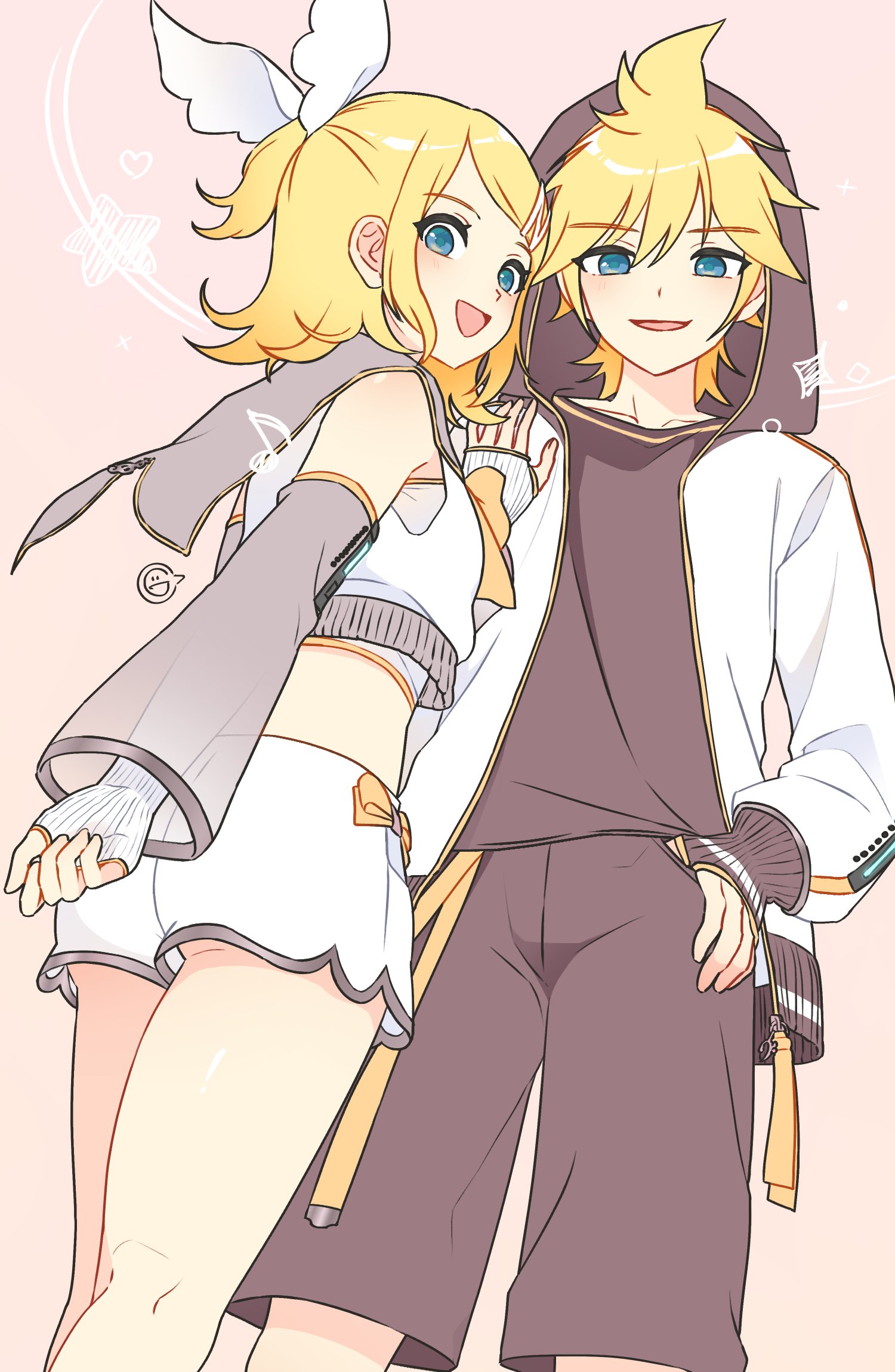 kagamine len, kagamine rin, vocaloid, highres, 1boy, 1girl, ass, bare shoulders, blonde hair, blue eyes, brother and sister, crop top, detached sleeves, fingerless gloves, from behind, g hana, gloves, hairband, long sleeves, looking at viewer, looking back, midriff, open mouth, pink background, shirt, short hair, short shorts, shorts, siblings, simple background, sleeveless, standing, swept bangs, twins