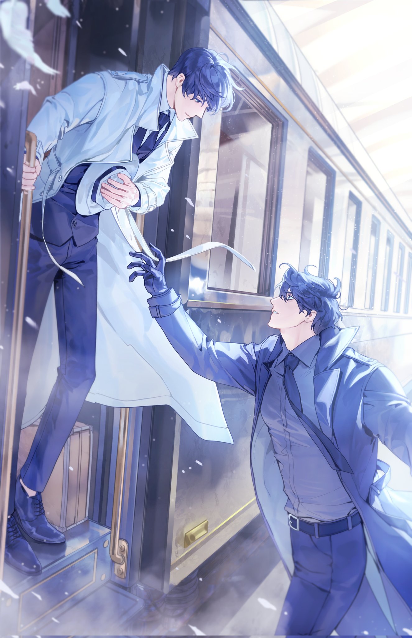 bab du 666, kim dokja, yoo joonghyuk, omniscient reader's viewpoint, highres, 2boys, belt, black coat, black gloves, black hair, black necktie, black shirt, black vest, briefcase, coat, collared shirt, falling feathers, feathers, full body, gloves, hand on own stomach, handrail, hat, holding, holding unworn clothes, holding unworn hat, male focus, motion blur, multiple boys, necktie, open clothes, open coat, outdoors, popped collar, reaching, reaching towards another, shirt, short hair, smile, stairs, standing, train, unworn hat, unworn headwear, vest, white coat, white shirt, wide-eyed, wind, window