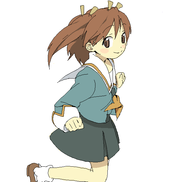 hakuto (artist), hiro (dismaless), akiyama tokino, kujibiki unbalance, 00s, 1girl, blush, brown eyes, brown hair, female focus, green skirt, loafers, long sleeves, looking at viewer, oekaki, pleated skirt, ponytail, sailor collar, shoes, simple background, skirt, socks, solo, walking, white background, white socks