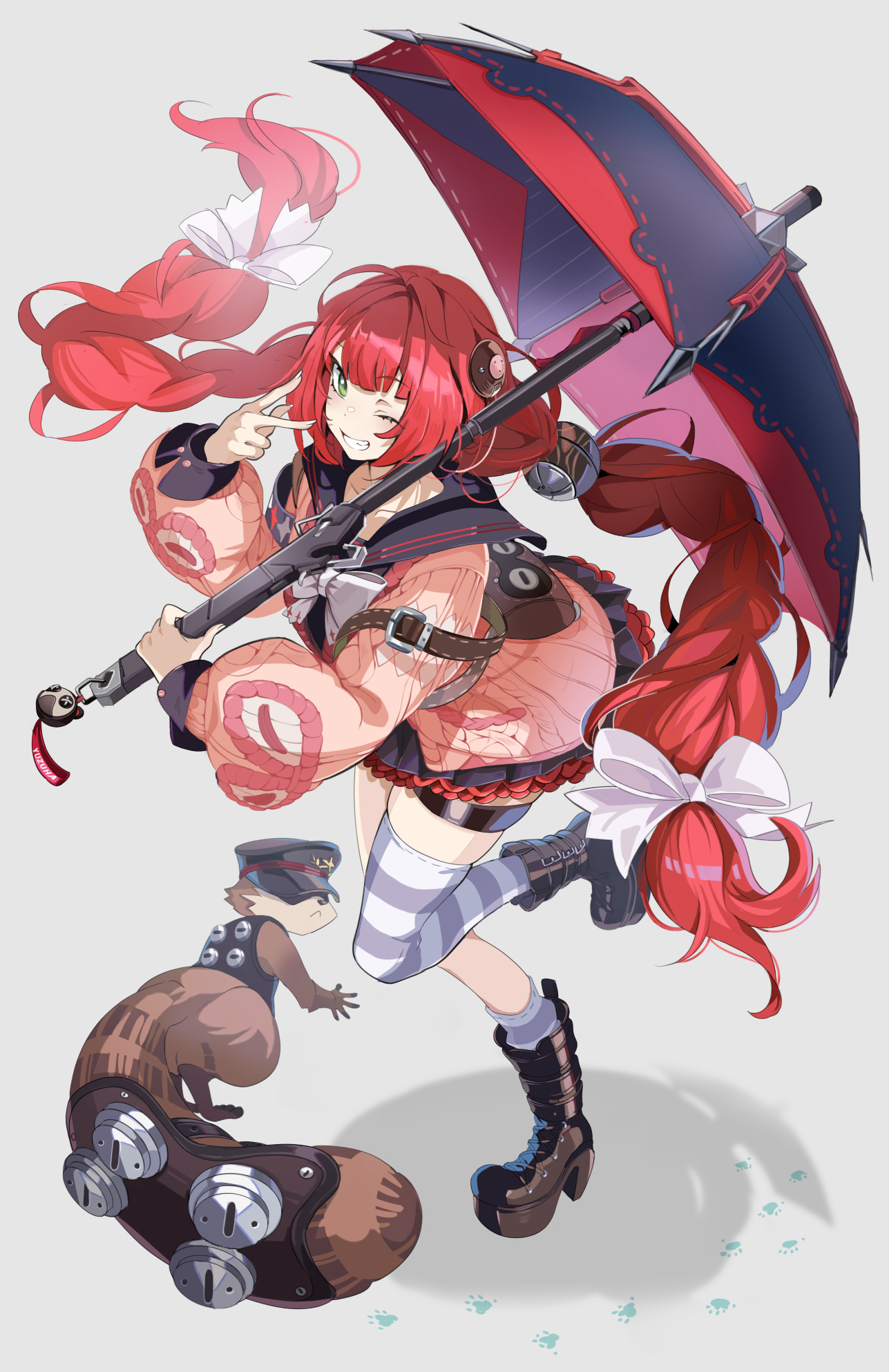 niihatigounana, kamanosuke (zenless zone zero), ukinami yuzuha, zenless zone zero, highres, 1girl, 1other, animal, backpack, bag, black hat, boots, brown boots, cardigan, chest bow, footprints, hair ornament, hair ribbon, hat, hearing aid, holding, holding umbrella, long hair, one eye closed, pink cardigan, raccoon, red hair, red umbrella, ribbon, shadow, smile, socks, sphere hair ornament, striped clothes, striped socks, tanuki, teeth, thigh strap, twintails, umbrella, w, white background, white ribbon