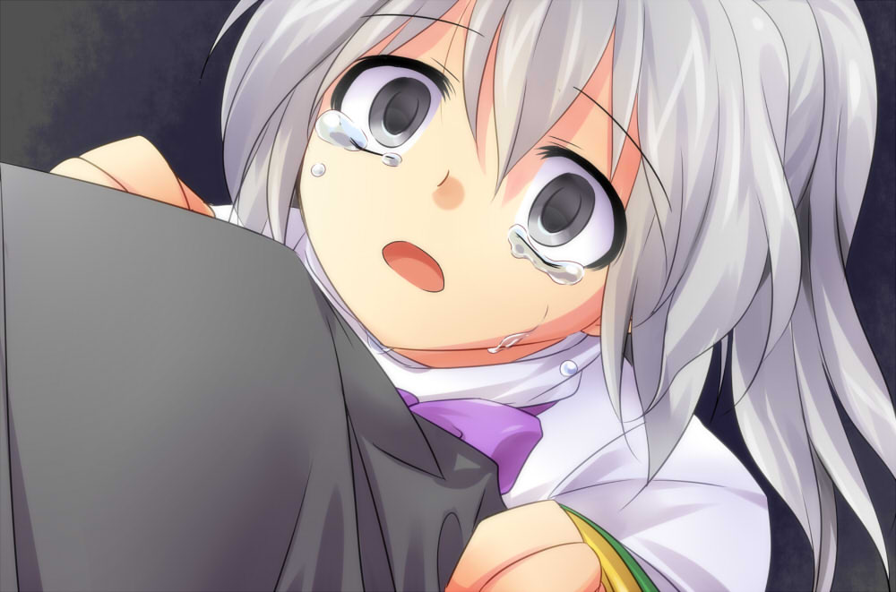 dairi, mononobe no futo, touhou, commentary request, md5 mismatch, 1girl, :o, abstract background, black background, blush, bow, bowtie, crying, dress, empty eyes, grabbing another's arm, grey background, grey eyes, grey hair, grin, hair between eyes, long hair, long sleeves, looking at viewer, open mouth, ponytail, portrait, pov, purple bow, purple bowtie, smile, solo focus, white dress