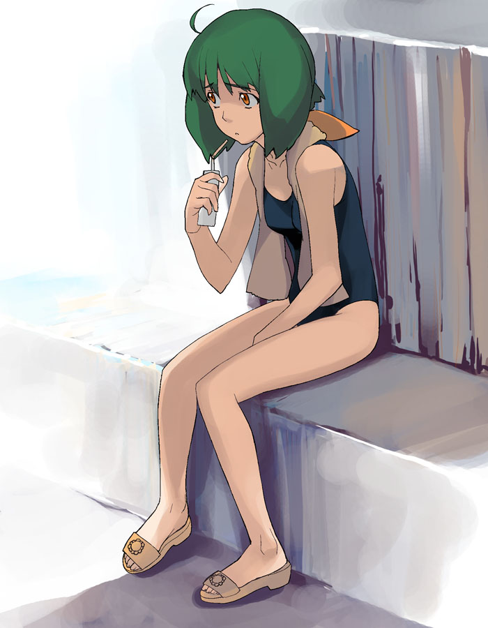 a1 (initial-g), ranka lee, macross, macross frontier, 00s, 1girl, ahoge, female focus, green hair, juice box, legs, one-piece swimsuit, red eyes, sandals, short hair, sitting, solo, swimsuit, towel, towel around neck