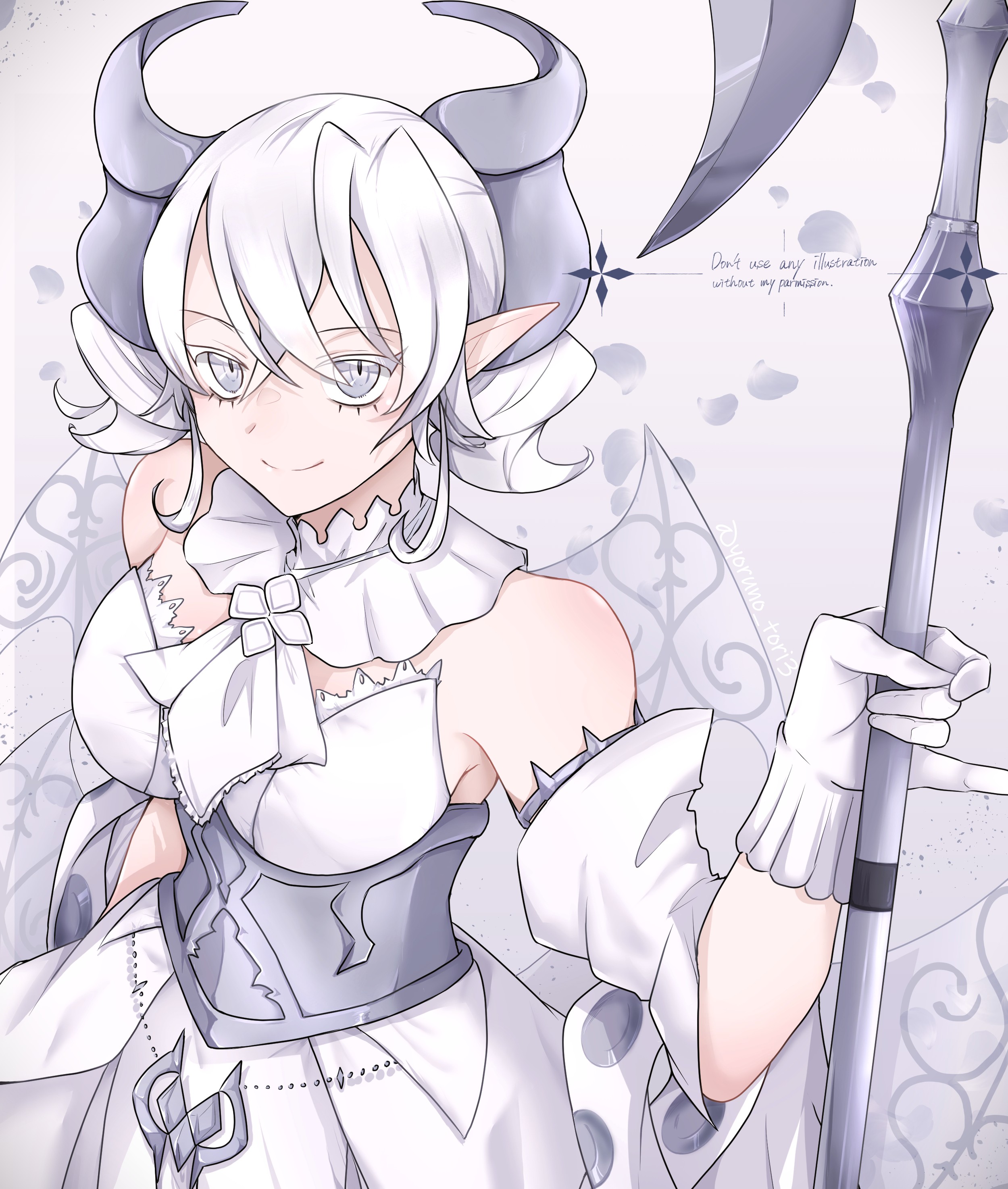 yoruno tori3, lovely labrynth of the silver castle, yu-gi-oh!, absurdres, highres, 1girl, breasts, cleavage, demon girl, demon horns, demon wings, dress, drill hair, duel monster, gloves, grey background, grey eyes, grey hair, horns, large breasts, pointy ears, simple background, solo, strapless, strapless dress, twin drills, upper body, watermark, white dress, white gloves, white wings, wings
