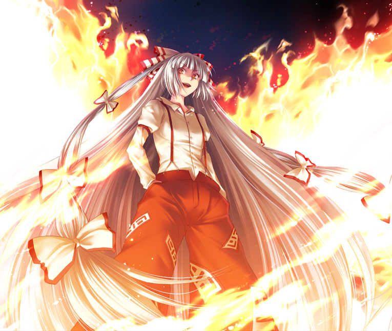 490 (spinoza490), fujiwara no mokou, touhou, 1girl, female focus, fire, from below, hair ribbon, hands in pockets, long hair, ofuda, red eyes, ribbon, solo, suspenders, very long hair, white hair