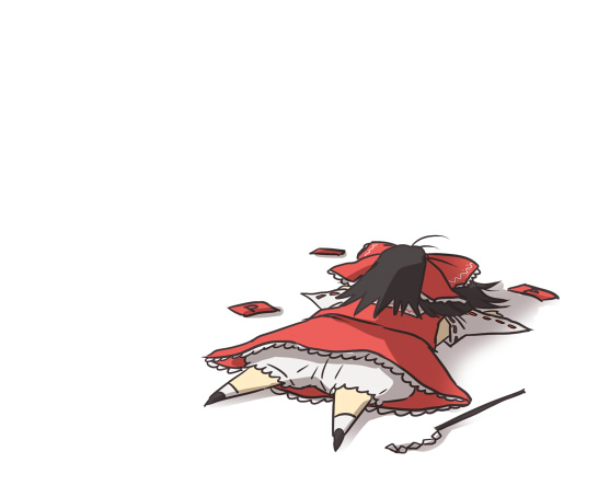 490 (spinoza490), hakurei reimu, touhou, 1girl, chibi, female focus, gameplay mechanics, gohei, lying, on stomach, power-up, solo