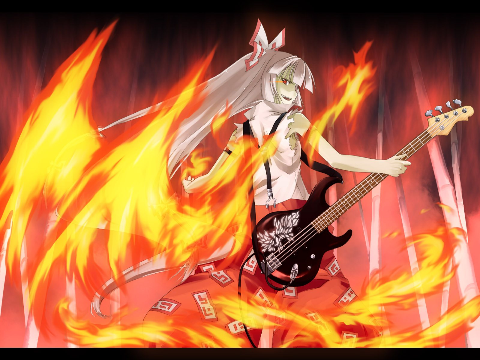 yuuki eishi, fujiwara no mokou, touhou, highres, 1girl, bass guitar, female focus, fiery wings, fire, guitar, instrument, solo, wings