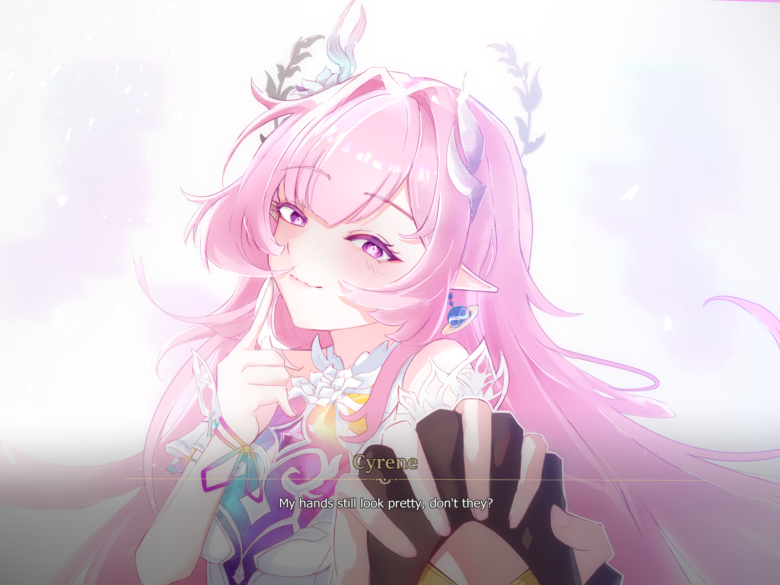 cyrene (honkai: star rail), cyrene (ripples of past reverie) (honkai: star rail), stelle (honkai: star rail), trailblazer (honkai: star rail), honkai: star rail, honkai (series), commentary, english commentary, highres, 2girls, bare shoulders, black gloves, breasts, closed mouth, diamond-shaped pupils, diamond (shape), earrings, english text, female pov, gloves, hair ornament, hand up, holding hands, index finger raised, interlocked fingers, jewelry, long hair, looking at viewer, medium breasts, multiple girls, pink hair, pointy ears, pov, purple eyes, shiyou (ryushi312), sidelocks, smile, solo focus, symbol-shaped pupils, upper body