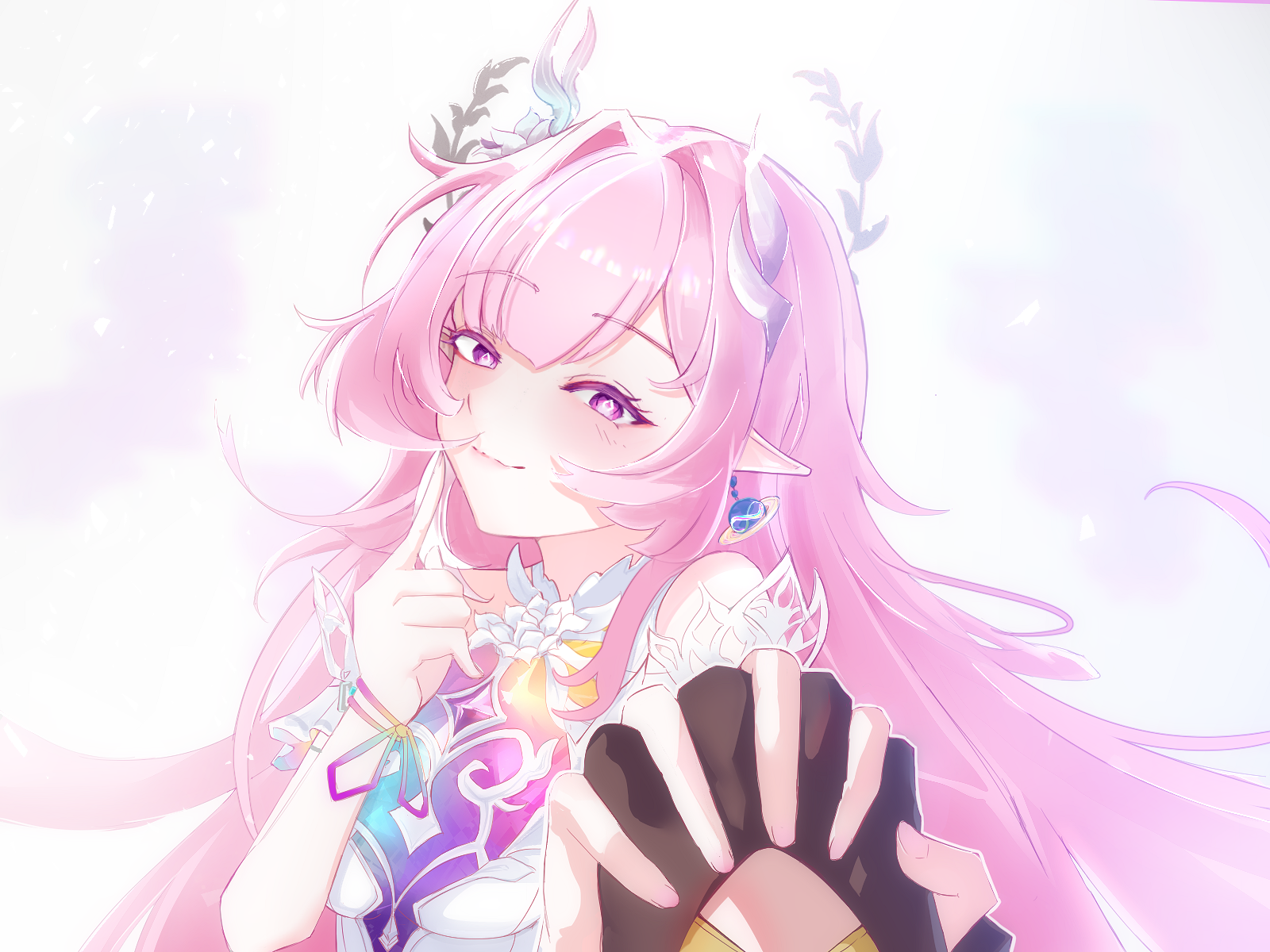 cyrene (honkai: star rail), cyrene (ripples of past reverie) (honkai: star rail), stelle (honkai: star rail), trailblazer (honkai: star rail), honkai: star rail, honkai (series), commentary, english commentary, highres, textless version, 2girls, bare shoulders, black gloves, breasts, closed mouth, diamond-shaped pupils, diamond (shape), earrings, female pov, gloves, hair ornament, hand up, holding hands, index finger raised, interlocked fingers, jewelry, long hair, looking at viewer, medium breasts, multiple girls, pink hair, pointy ears, pov, purple eyes, shiyou (ryushi312), sidelocks, smile, solo focus, symbol-shaped pupils, upper body