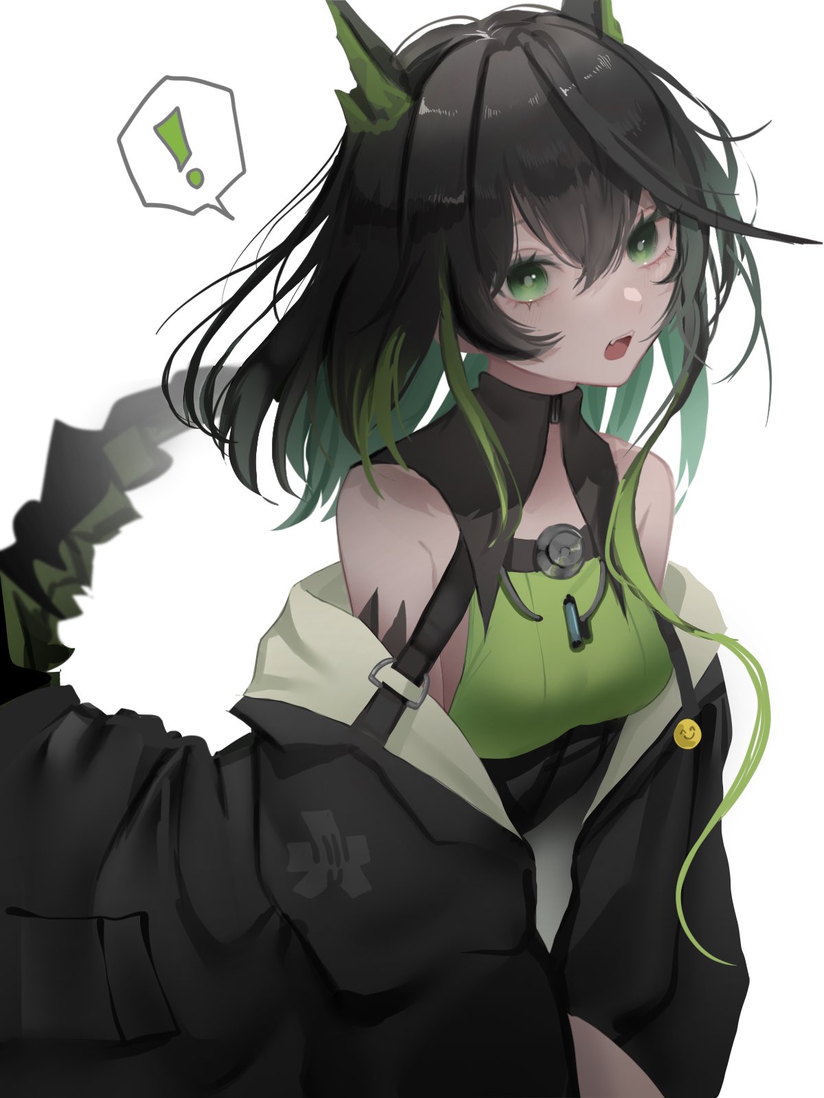 yunu nuyu, mon3tr (arknights), arknights, commentary, highres, !, 1girl, bare shoulders, black hair, black jacket, colored inner hair, emoji, fang, green eyes, green hair, green shirt, hair between eyes, jacket, looking at viewer, material growth, medium hair, multicolored hair, off shoulder, open mouth, oripathy lesion (arknights), shirt, simple background, sleeveless, sleeveless shirt, solo, spoken exclamation mark, tail, teeth, upper teeth only, white background