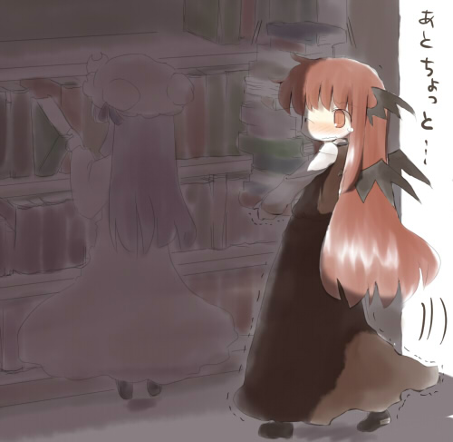 sasane, koakuma, patchouli knowledge, embodiment of scarlet devil, touhou, lowres, translated, 2girls, book, female focus, head wings, library, multiple girls, voile, wings