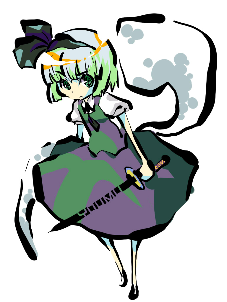 dog-san, nijisuke, konpaku youmu, konpaku youmu (ghost), touhou, bad id, bad pixiv id, 1girl, female focus, ghost, green eyes, green hair, hitodama, katana, matching hair/eyes, school uniform, serafuku, solo, sword, weapon