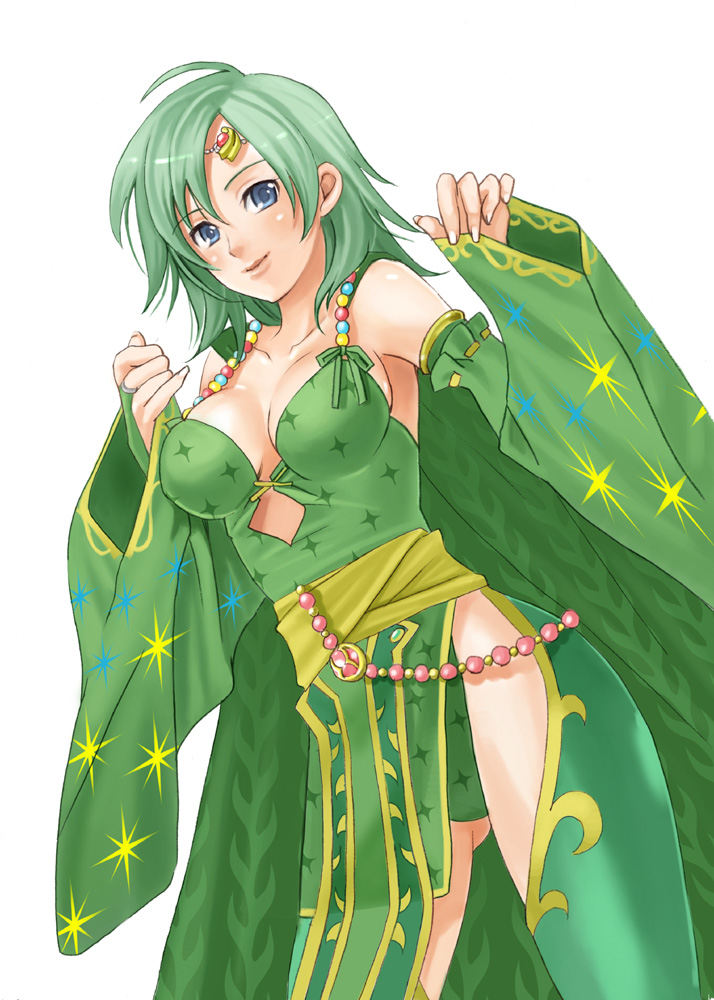 kareji, rydia (adult) (ff4), rydia (ff4), final fantasy, final fantasy iv, square enix, 1990s (style), 1girl, armpits, blue eyes, breasts, cape, cleavage, detached sleeves, female focus, green hair, large breasts, retro artstyle, simple background, solo, thighhighs