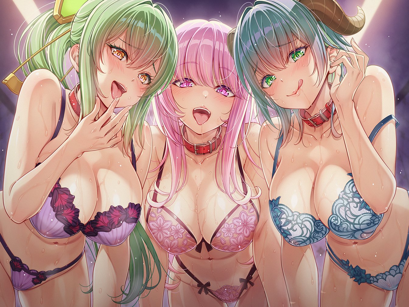 ikeda yasuhiro, original, 3girls, blue bra, blue hair, blue panties, bra, breasts, green eyes, green hair, group picture, high ponytail, large breasts, long hair, multiple girls, panties, pink bra, pink panties, ponytail, purple bra, purple eyes, purple hair, purple panties, short hair, underwear