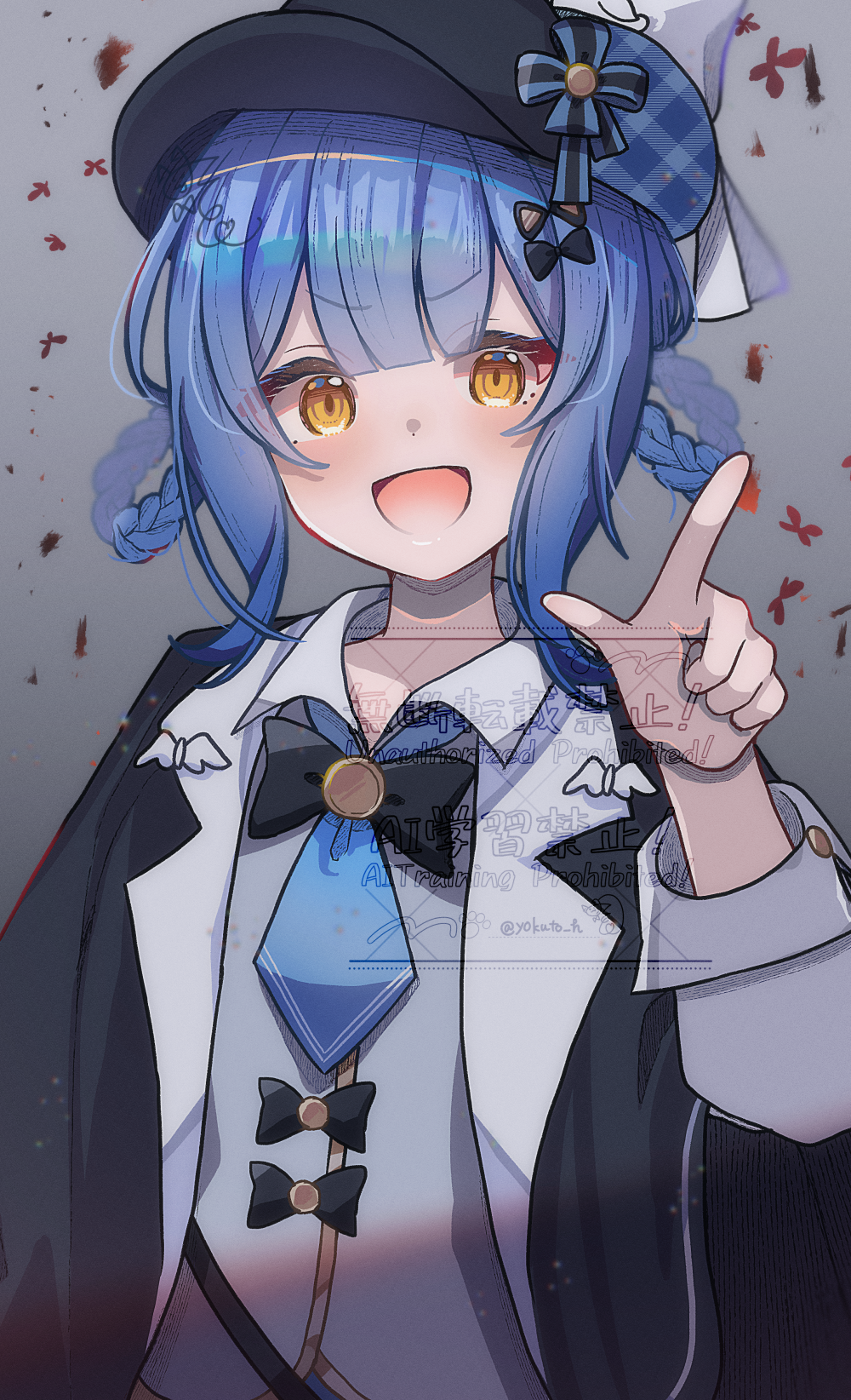 yokuto, tachibana sherry, mahou shoujo no majo saiban, commentary request, highres, 1girl, :d, black capelet, black hat, blue hair, blue necktie, blunt bangs, braid, braided hair rings, bug, butterfly, capelet, collared shirt, deerstalker, detective, grey background, hair rings, hand up, hat, index finger raised, insect, long sleeves, looking at viewer, magical girl, necktie, open mouth, red butterfly, shirt, short hair, smile, solo, upper body, yellow eyes