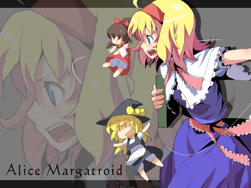 kasuga ayumu (artist), kasuga ayumu (haruhipo), alice margatroid, hakurei reimu, kirisame marisa, touhou, bad id, bad pixiv id, 1girl, blonde hair, book, character doll, character name, doll, female focus, kasuga (pixiv), ribbon, short hair, solo, zoom layer