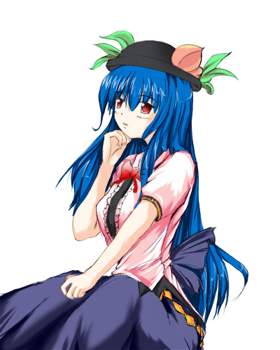 fujimaunt, hinanawi tenshi, touhou, bad id, bad pixiv id, lowres, 1girl, blue hair, female focus, food, fruit, hat, long hair, peach, ribbon, simple background, sitting, solo, white background