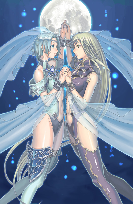 ran'ou (tamago no kimi), 2girls, blue eyes, blue hair, breast press, breasts, green hair, holding hands, long hair, medium breasts, moon, multiple girls, night, short hair, symmetrical docking, thighhighs, yellow eyes, yuri