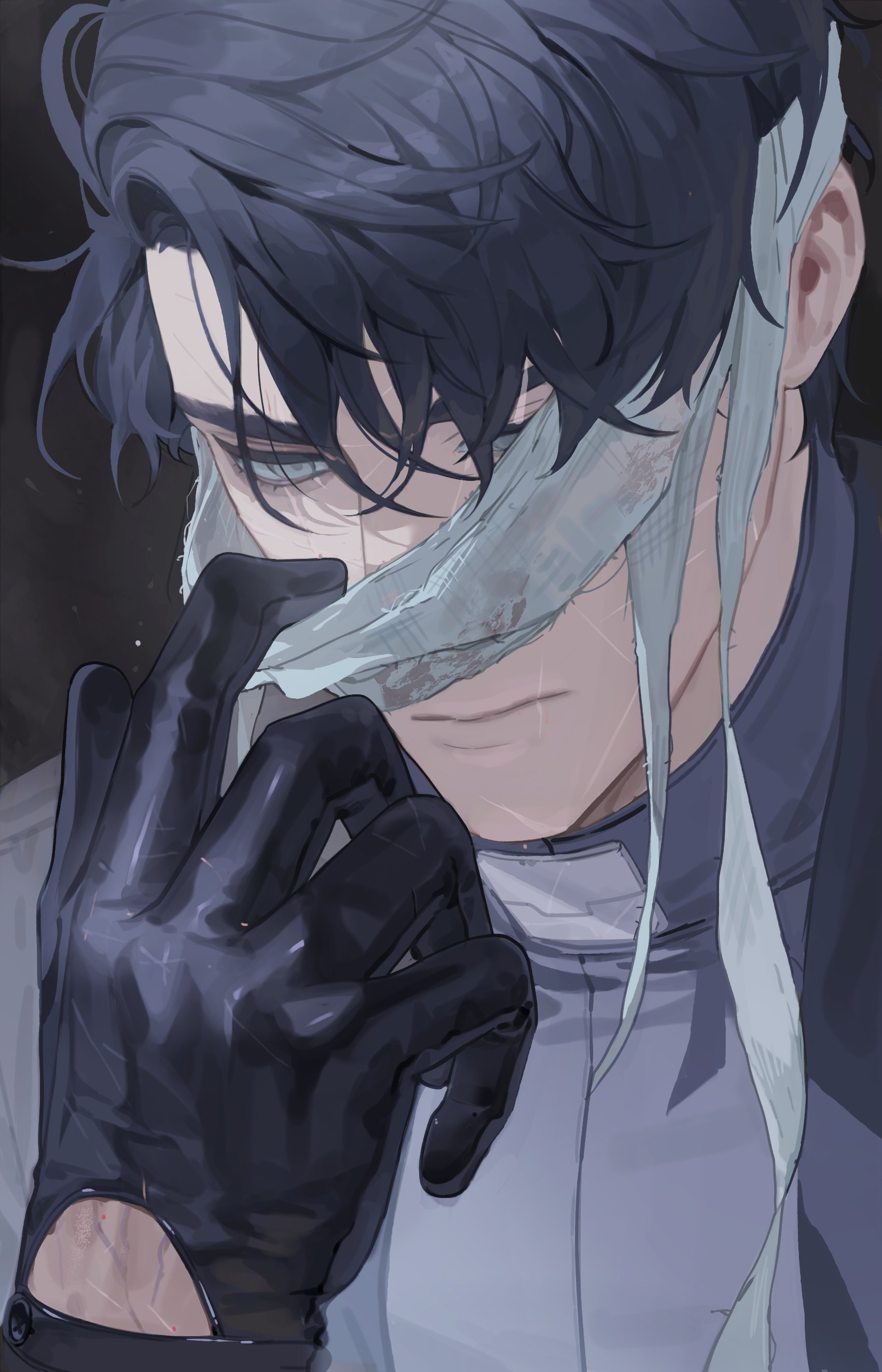 bab du 666, secretive plotter, omniscient reader's viewpoint, absurdres, highres, 1boy, adjusting eyewear, bandaged head, bandages, black coat, black gloves, black hair, blank stare, coat, crew neck, gloves, grey eyes, looking at viewer, male focus, one eye covered, open clothes, popped collar, scar, scar on arm, serious, short hair, solo, upper body