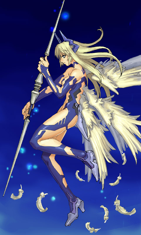 ran'ou (tamago no kimi), 1girl, angel, angel wings, blonde hair, bodysuit, feathers, female focus, high heels, legs, long hair, long legs, multiple wings, polearm, seraph, shoes, solo, spear, thighs, weapon, wings